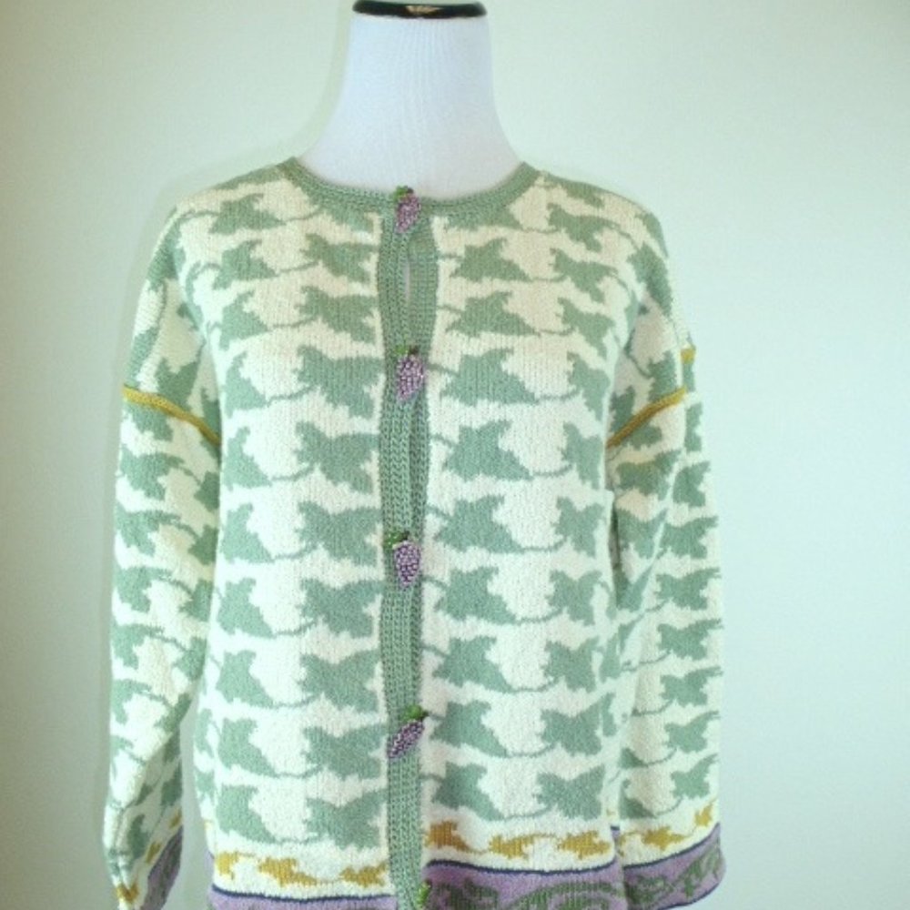 DIA NORTH OF BOSTON HAND LOOMED Vintage L green cream floral grape buttons leaf